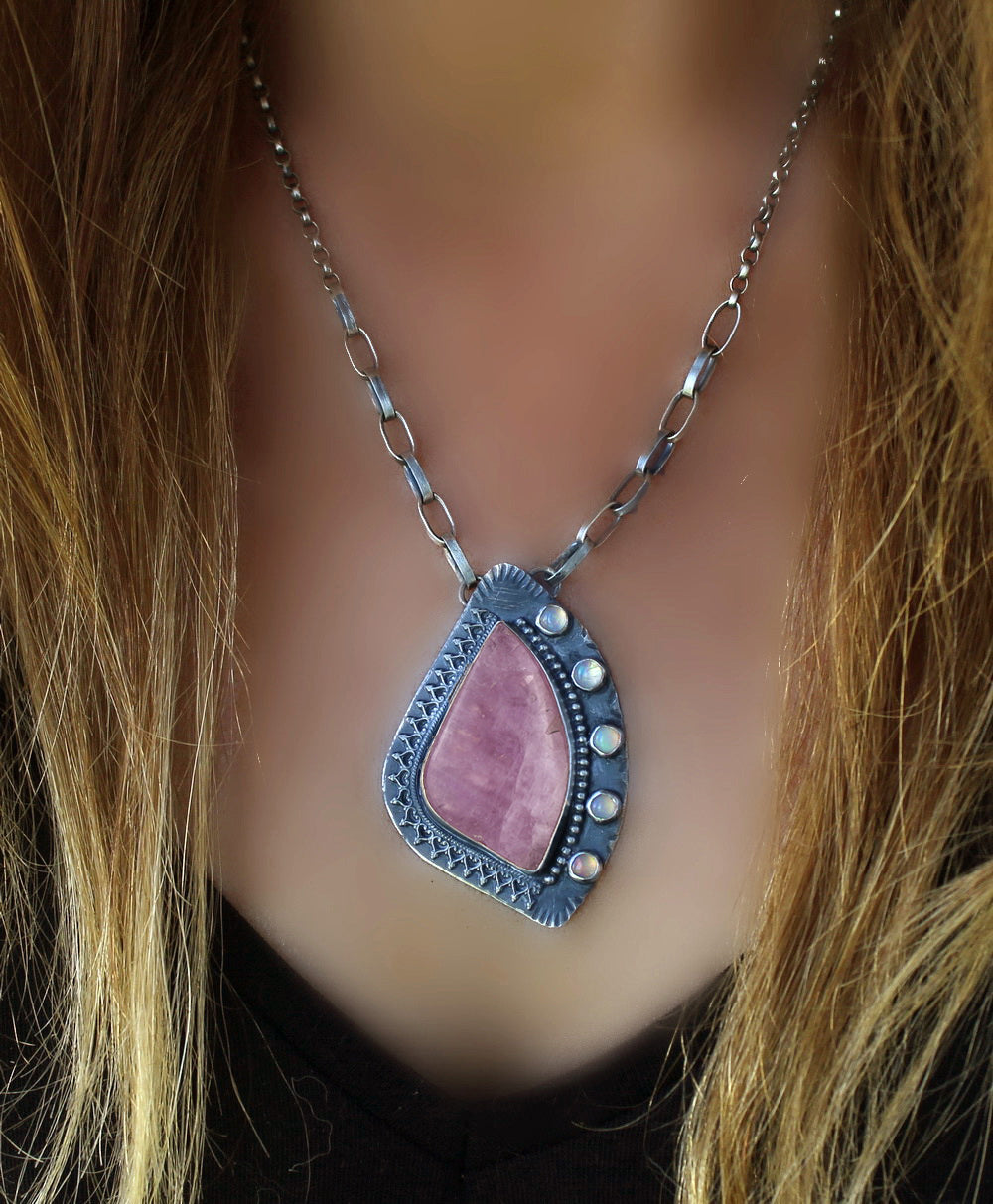 Emergence of Life - Kunzite and Ethiopian Opal Sterling Silver Necklace