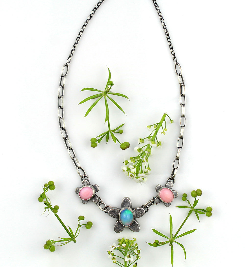 Last Summer Flower - Ethiopian Opal and Pink Conch Sterling Silver Necklace