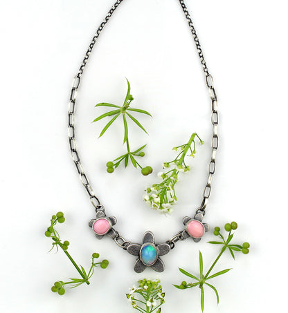 Last Summer Flower - Ethiopian Opal and Pink Conch Sterling Silver Necklace
