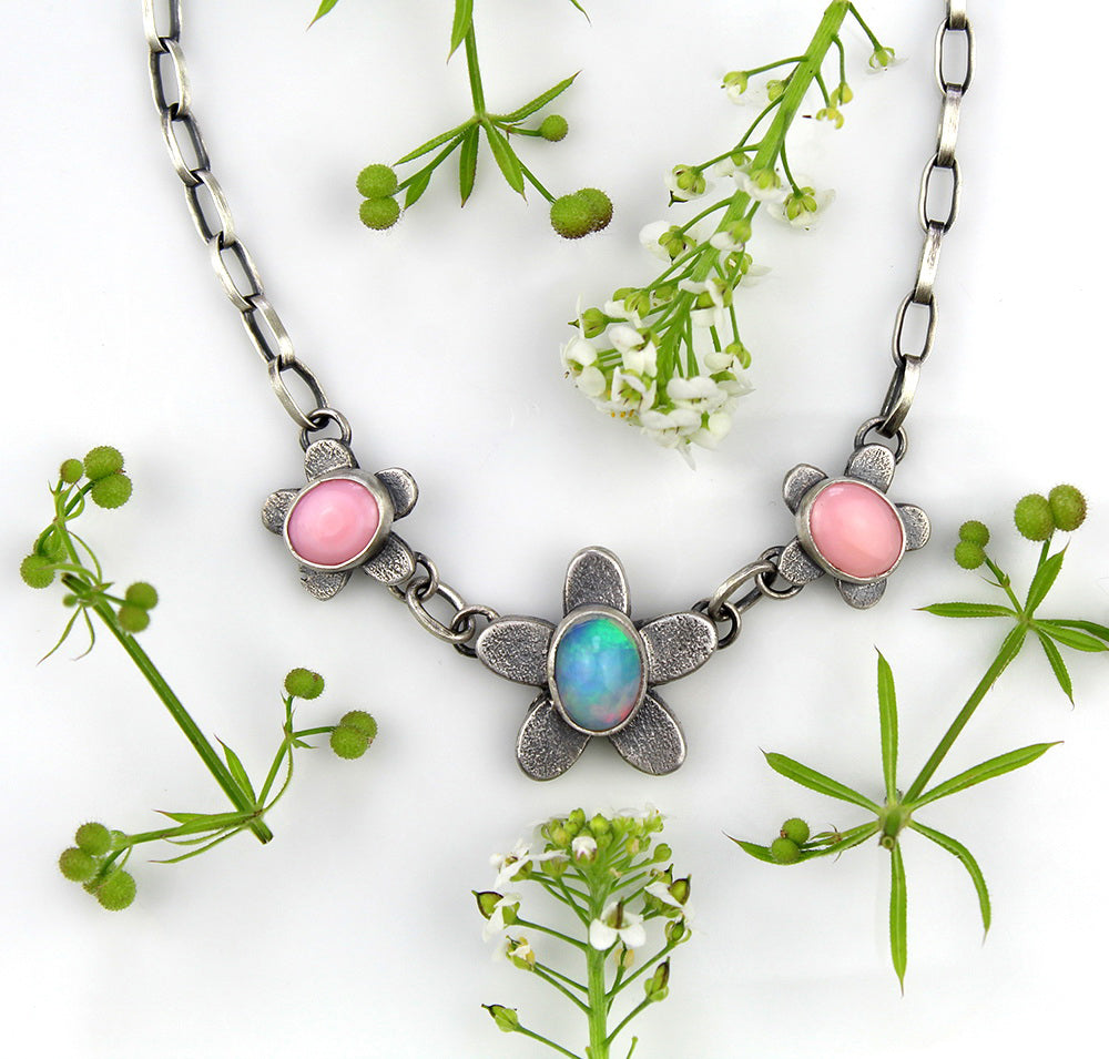 Last Summer Flower - Ethiopian Opal and Pink Conch Sterling Silver Necklace