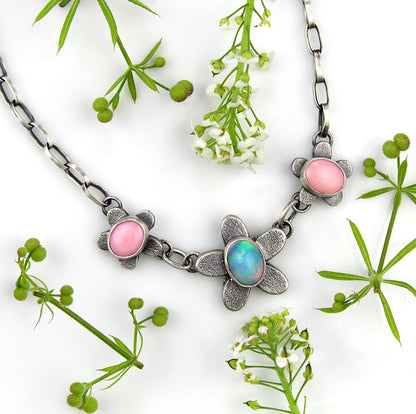 Last Summer Flower - Ethiopian Opal and Pink Conch Sterling Silver Necklace