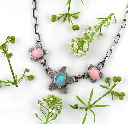 Last Summer Flower - Ethiopian Opal and Pink Conch Sterling Silver Necklace