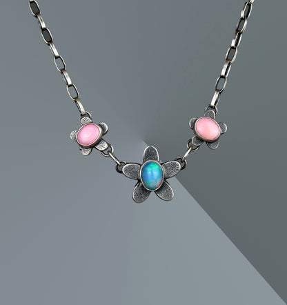 Last Summer Flower - Ethiopian Opal and Pink Conch Sterling Silver Necklace