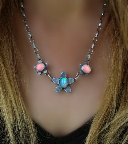 Last Summer Flower - Ethiopian Opal and Pink Conch Sterling Silver Necklace