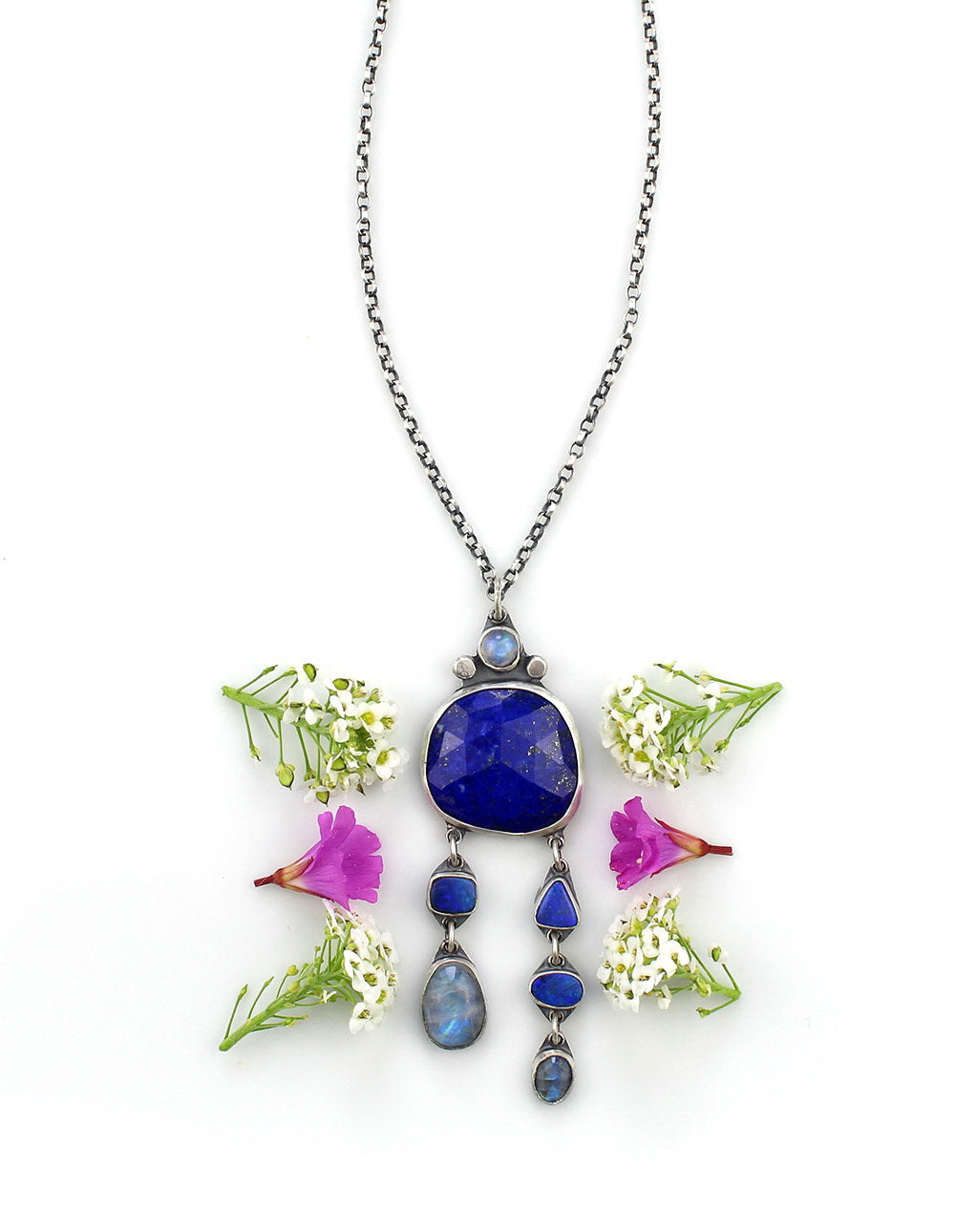 Blue Moon Lake - Lapis, Australian Opal, and Moonstone Sterling Silver Necklace