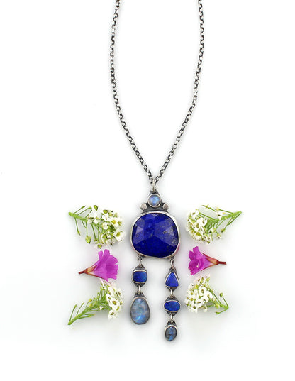 Blue Moon Lake - Lapis, Australian Opal, and Moonstone Sterling Silver Necklace