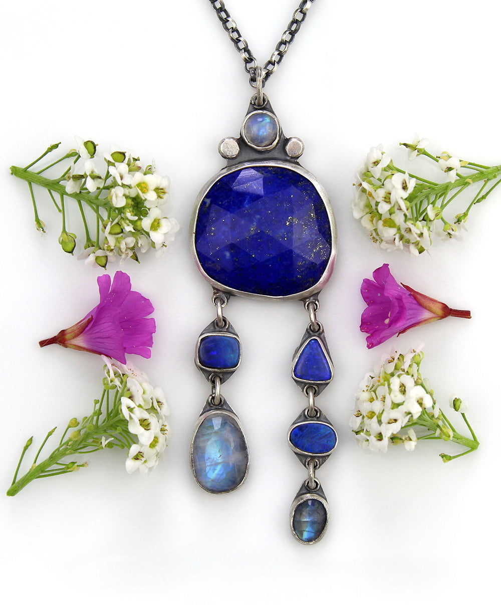 Blue Moon Lake - Lapis, Australian Opal, and Moonstone Sterling Silver Necklace