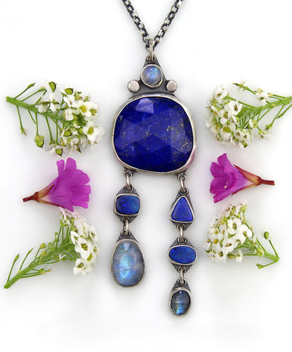 Blue Moon Lake - Lapis, Australian Opal, and Moonstone Sterling Silver Necklace