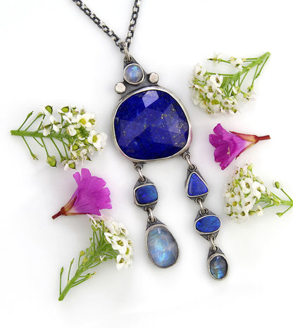 Blue Moon Lake - Lapis, Australian Opal, and Moonstone Sterling Silver Necklace