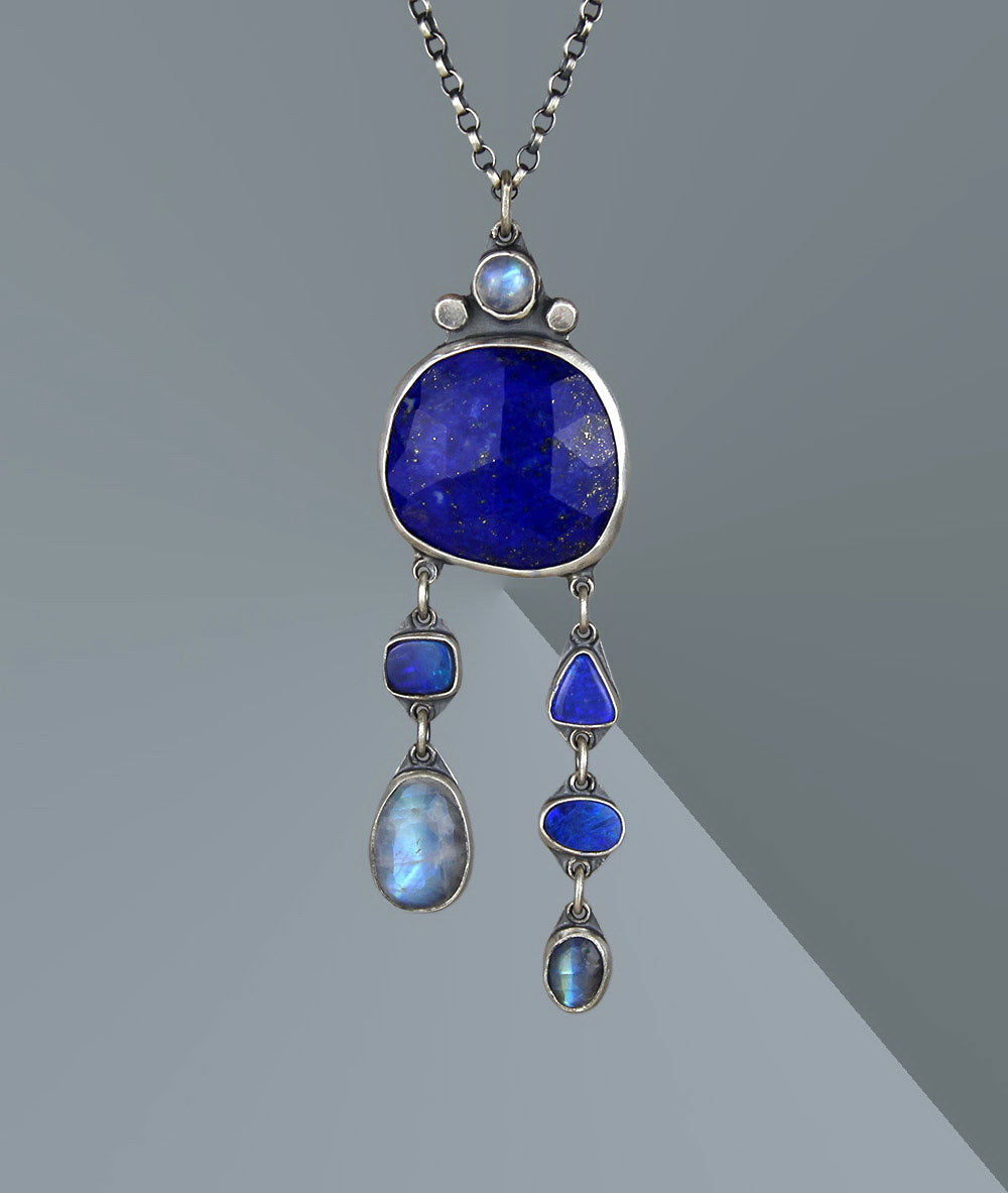 Blue Moon Lake - Lapis, Australian Opal, and Moonstone Sterling Silver Necklace