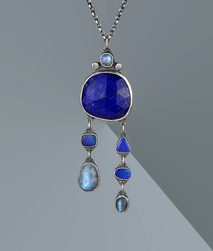 Blue Moon Lake - Lapis, Australian Opal, and Moonstone Sterling Silver Necklace
