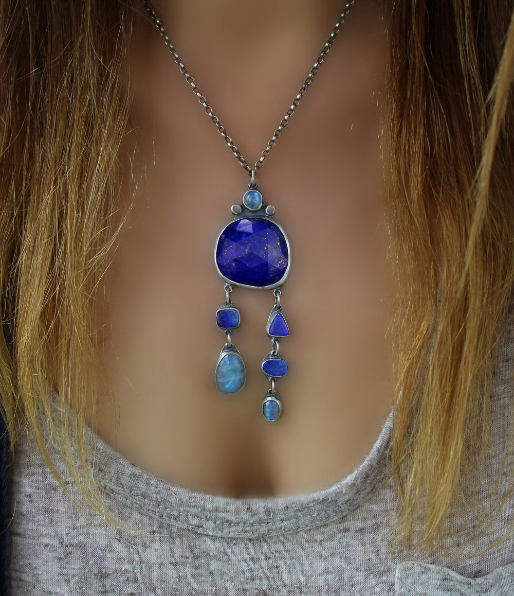 Blue Moon Lake - Lapis, Australian Opal, and Moonstone Sterling Silver Necklace