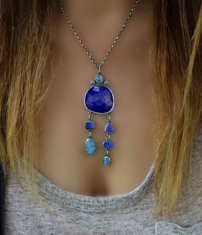 Blue Moon Lake - Lapis, Australian Opal, and Moonstone Sterling Silver Necklace