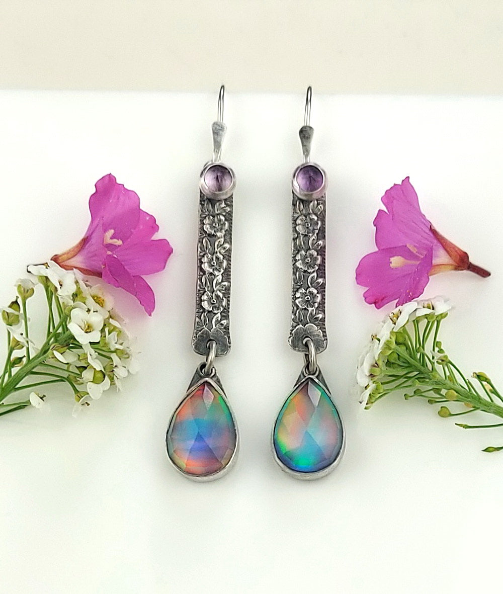 Beneath the Aurora - Aurora Opal and Amethyst Sterling Silver Earrings