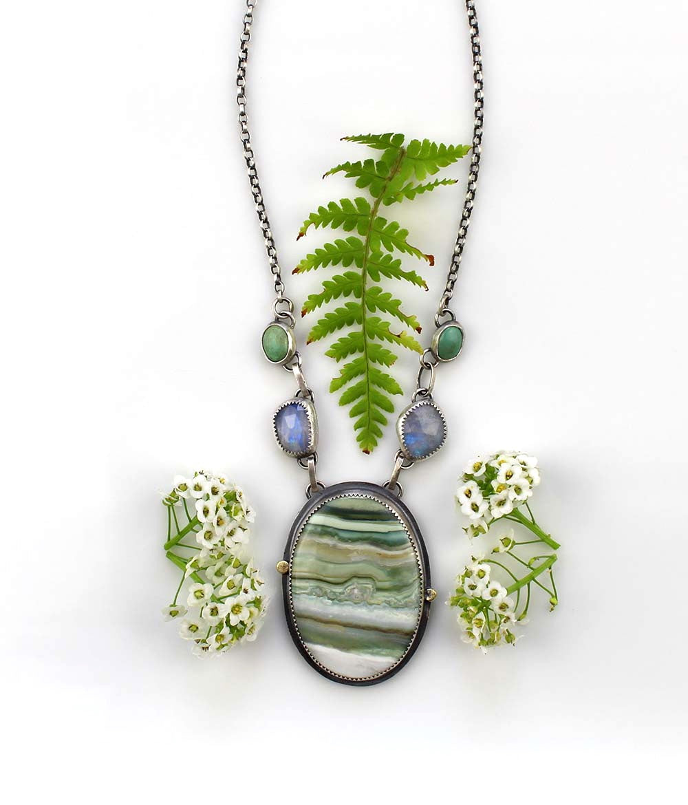 Nature's Love - Chalcedony, Moonstone, and Turquoise Sterling Silver Necklace