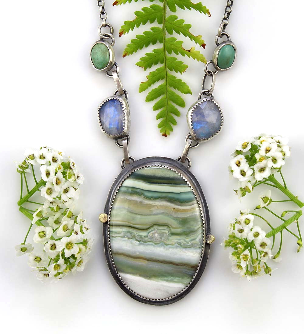 Nature's Love - Chalcedony, Moonstone, and Turquoise Sterling Silver Necklace
