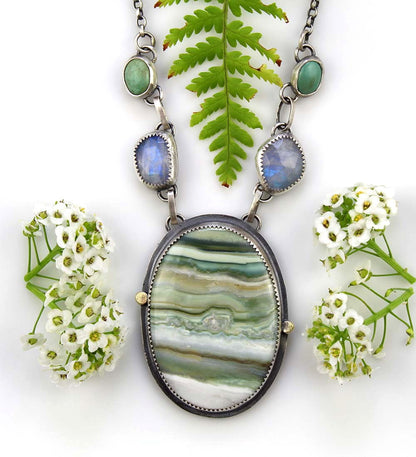 Nature's Love - Chalcedony, Moonstone, and Turquoise Sterling Silver Necklace