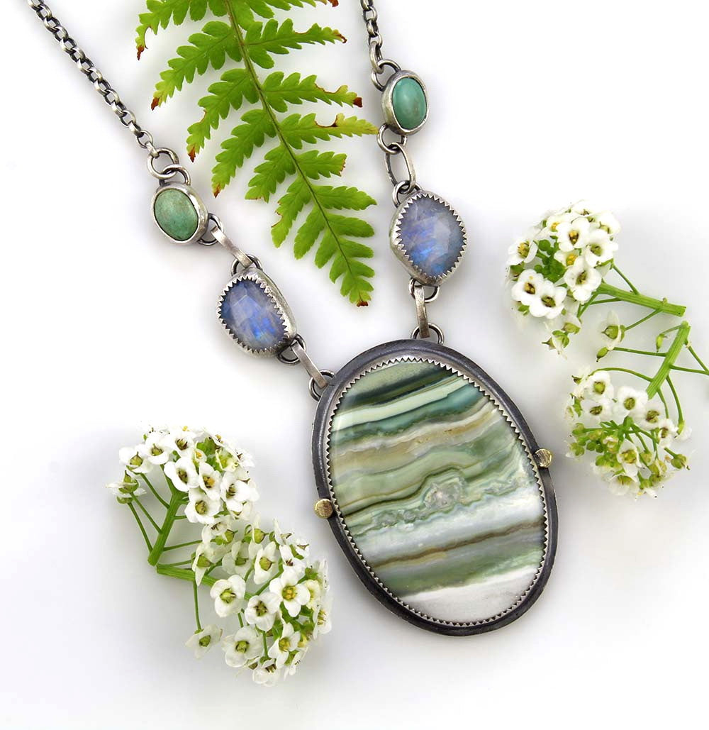 Nature's Love - Chalcedony, Moonstone, and Turquoise Sterling Silver Necklace