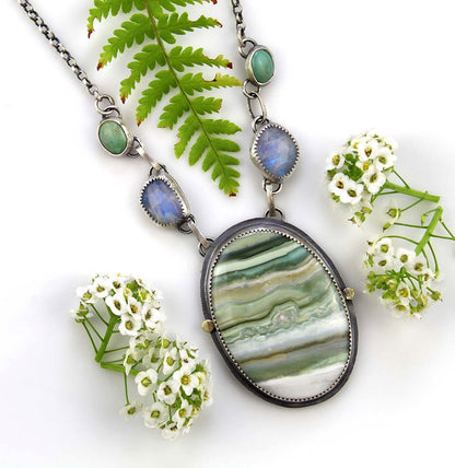 Nature's Love - Chalcedony, Moonstone, and Turquoise Sterling Silver Necklace