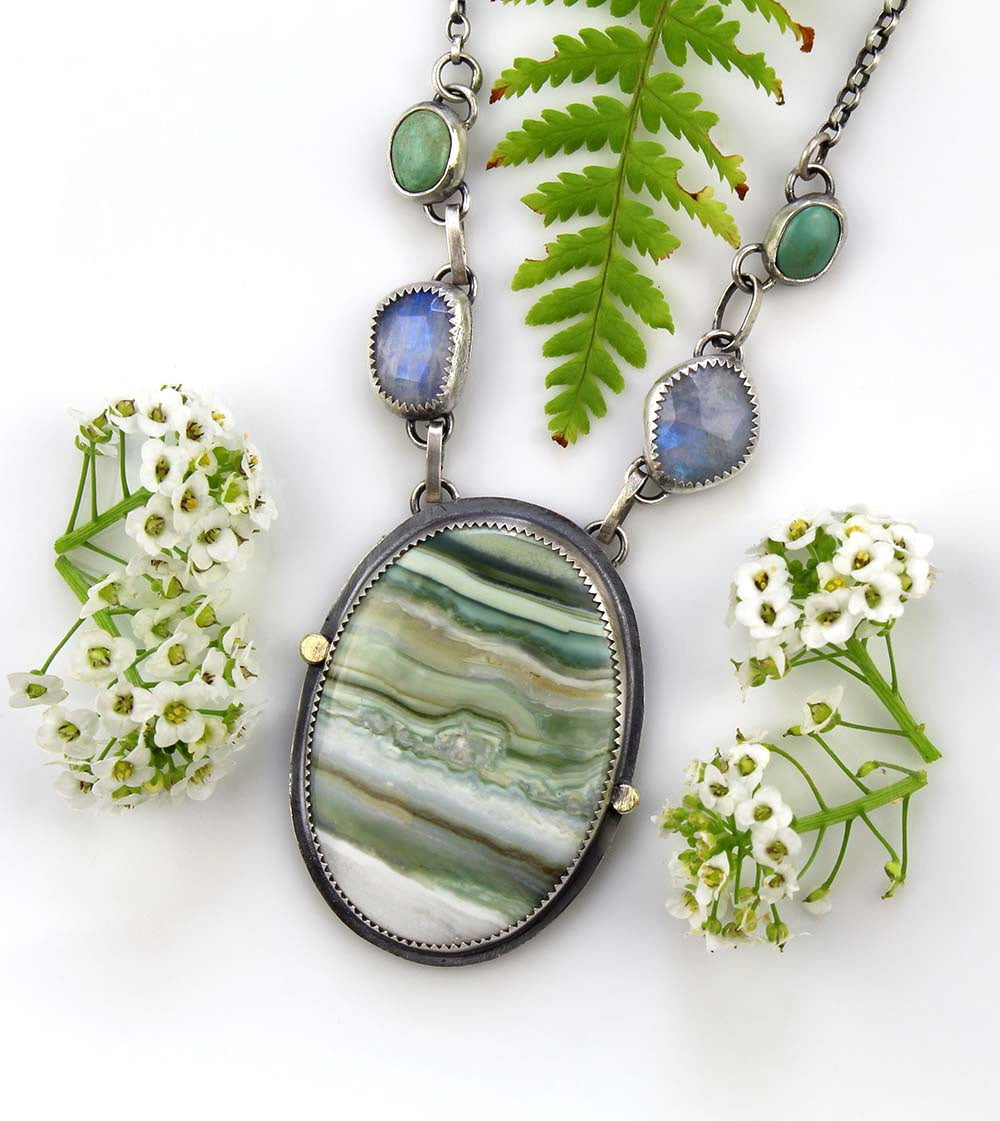 Nature's Love - Chalcedony, Moonstone, and Turquoise Sterling Silver Necklace