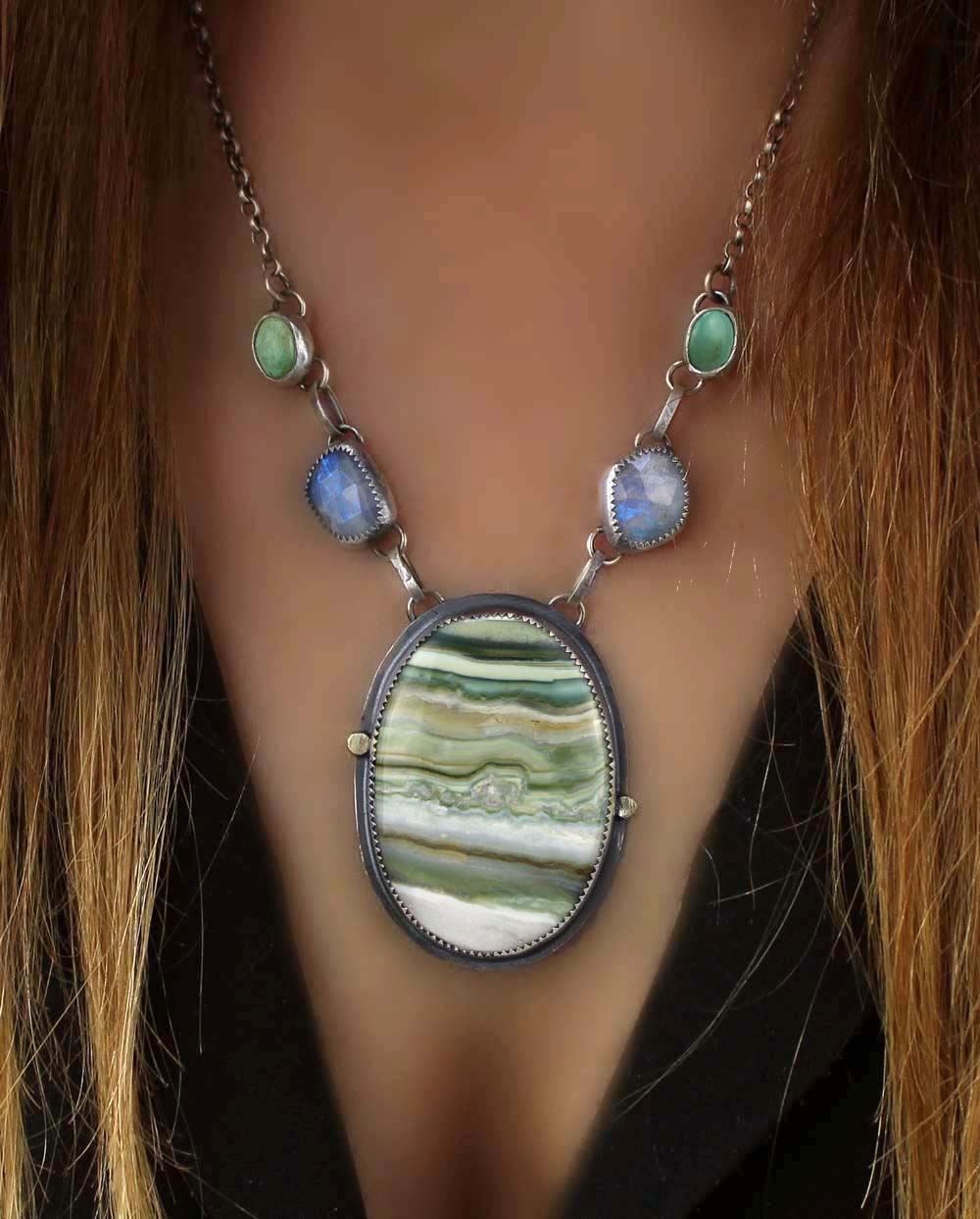 Nature's Love - Chalcedony, Moonstone, and Turquoise Sterling Silver Necklace