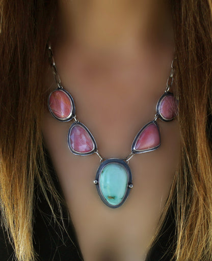 A Softer Heart - Pink Opal and Royston Turquoise Sterling Silver Necklace