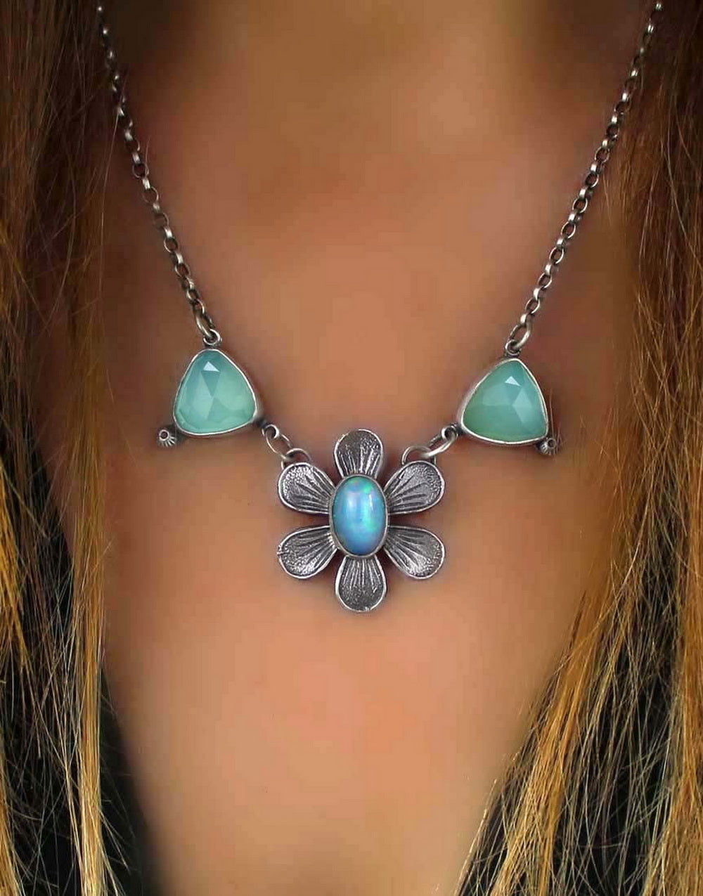 The Starflower - Ethiopian Opal and Chalcedony Sterling Silver Necklace