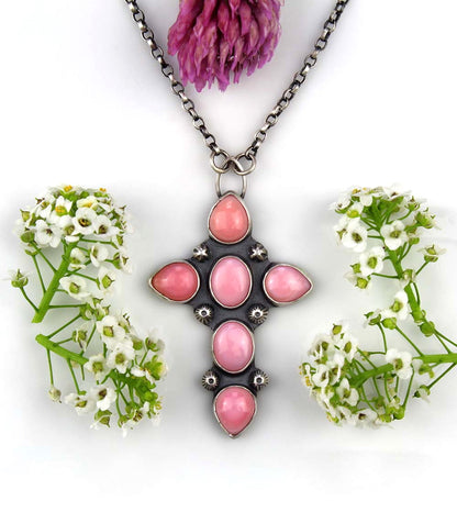 The Flowering of Faith - Pink Conch Sterling Silver Cross Necklace