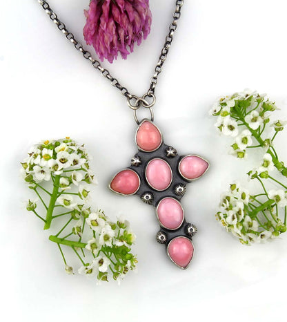 The Flowering of Faith - Pink Conch Sterling Silver Cross Necklace