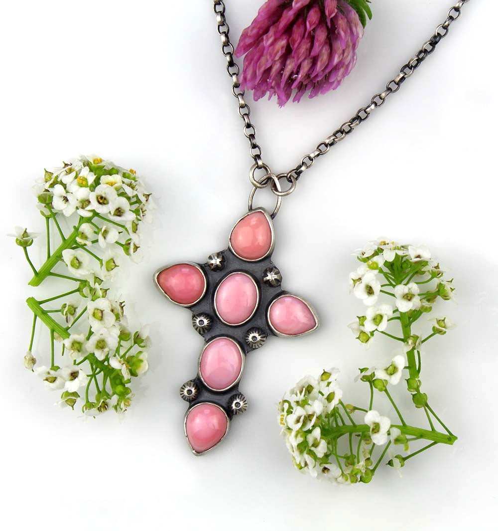 The Flowering of Faith - Pink Conch Sterling Silver Cross Necklace