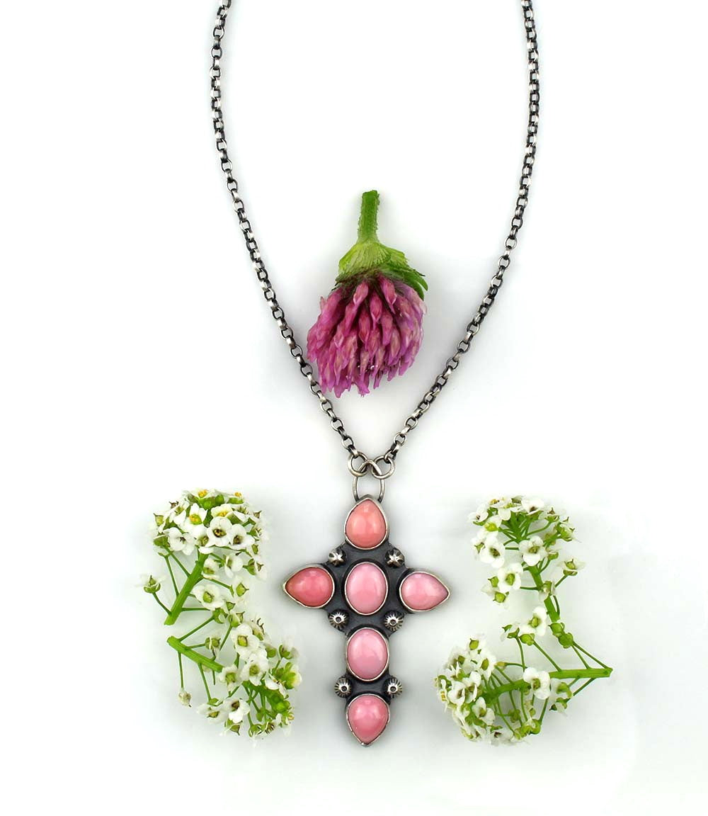 The Flowering of Faith - Pink Conch Sterling Silver Cross Necklace