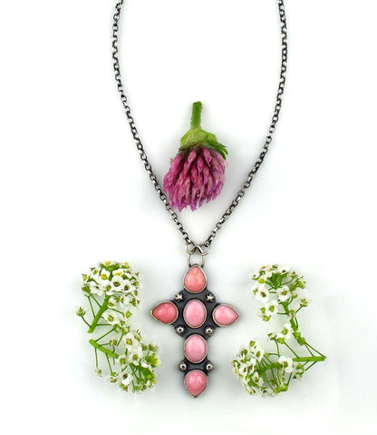 The Flowering of Faith - Pink Conch Sterling Silver Cross Necklace