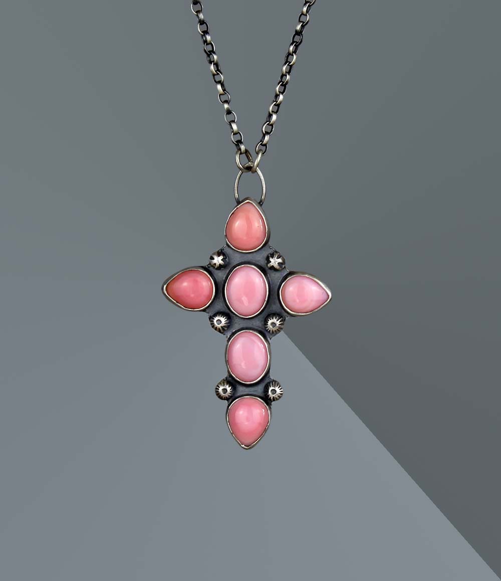 The Flowering of Faith - Pink Conch Sterling Silver Cross Necklace