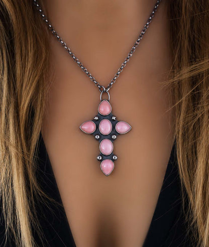 The Flowering of Faith - Pink Conch Sterling Silver Cross Necklace