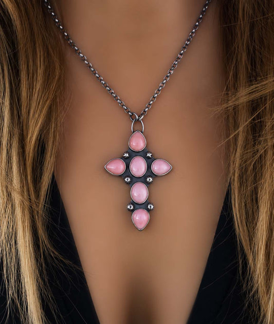 The Flowering of Faith - Pink Conch Sterling Silver Cross Necklace