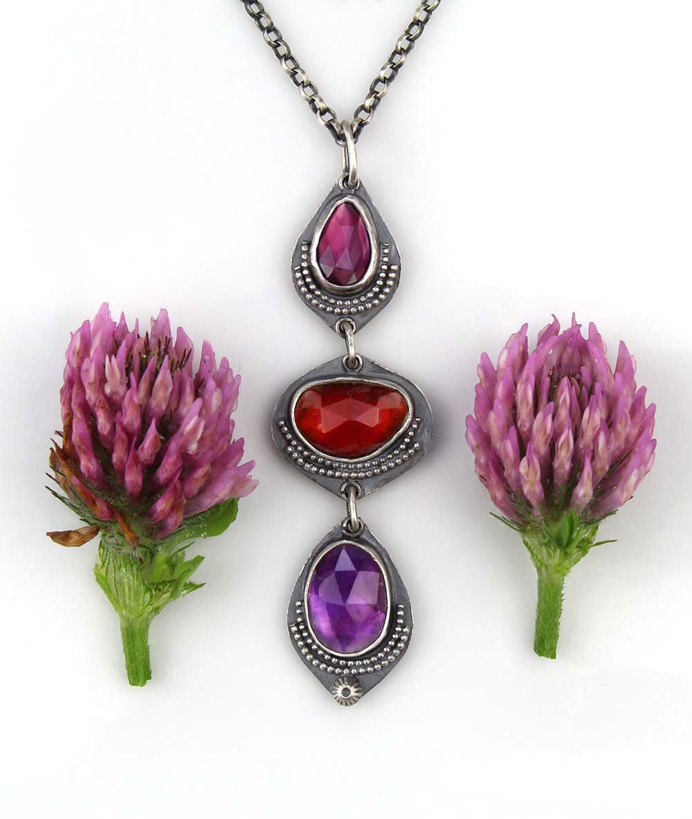 Delving Within - Rhodolite Garnet, Hessonite Garnet, and Amethyst Sterling Silver Necklace