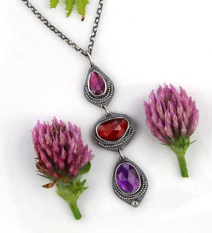Delving Within - Rhodolite Garnet, Hessonite Garnet, and Amethyst Sterling Silver Necklace