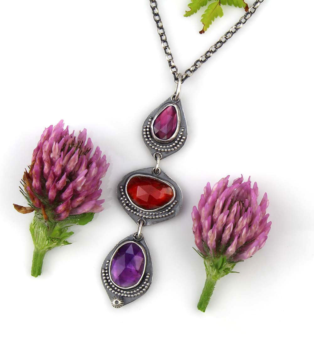 Delving Within - Rhodolite Garnet, Hessonite Garnet, and Amethyst Sterling Silver Necklace