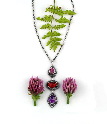 Delving Within - Rhodolite Garnet, Hessonite Garnet, and Amethyst Sterling Silver Necklace