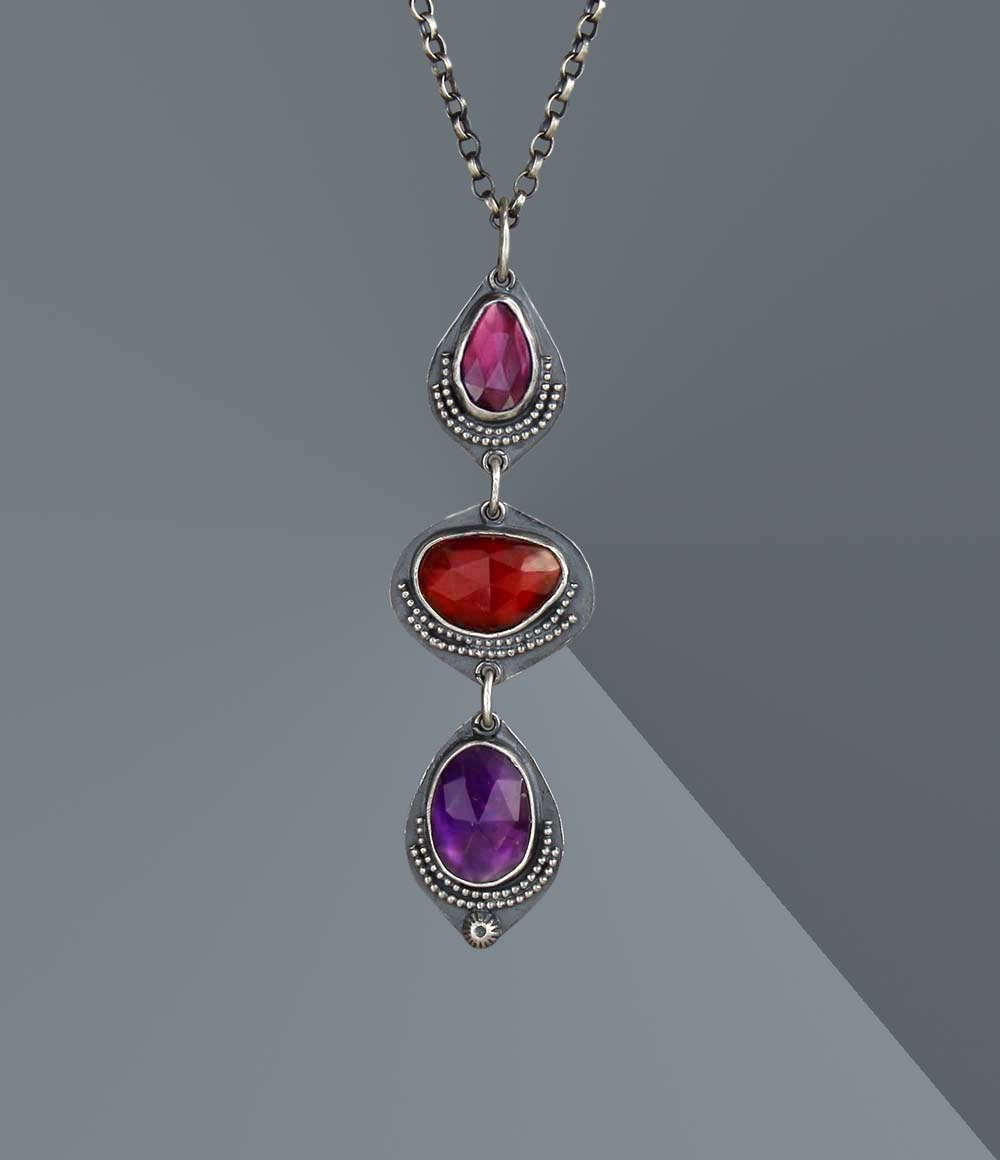 Delving Within - Rhodolite Garnet, Hessonite Garnet, and Amethyst Sterling Silver Necklace