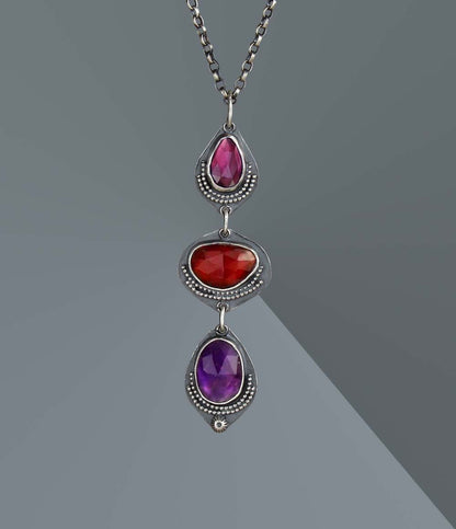 Delving Within - Rhodolite Garnet, Hessonite Garnet, and Amethyst Sterling Silver Necklace