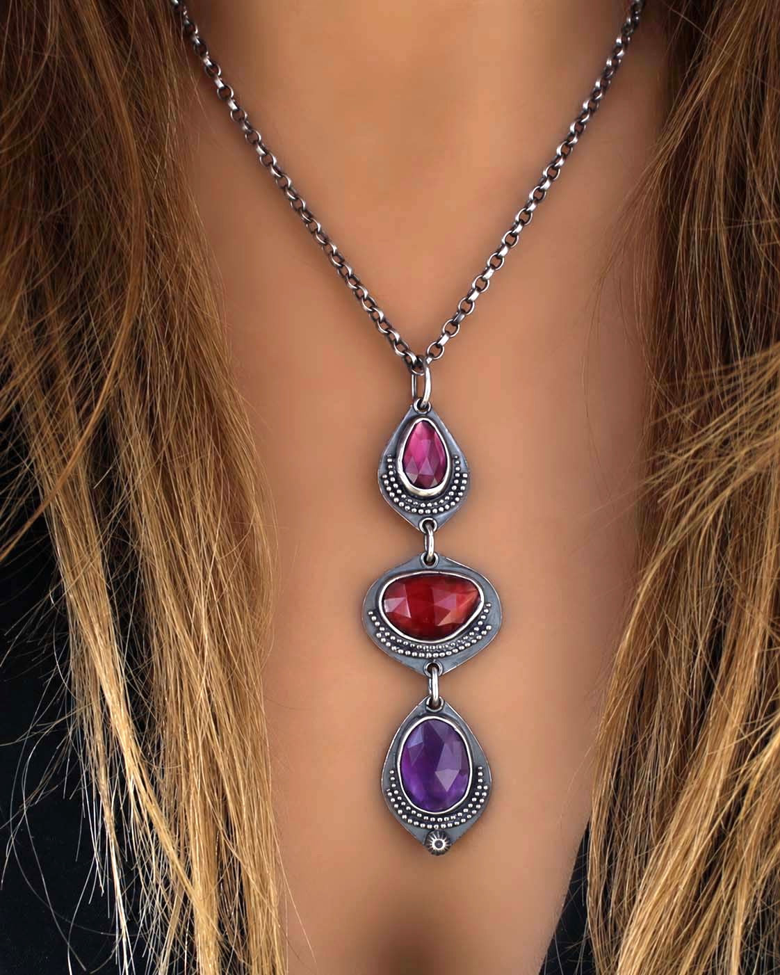 Delving Within - Rhodolite Garnet, Hessonite Garnet, and Amethyst Sterling Silver Necklace