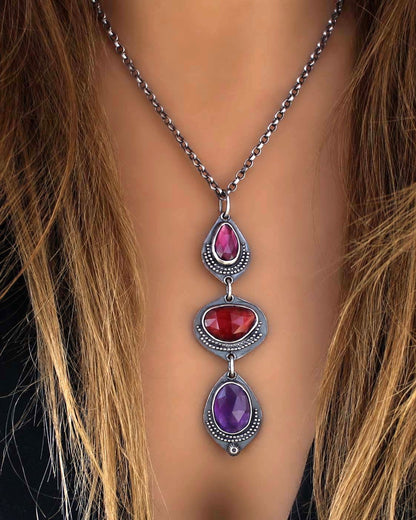 Delving Within - Rhodolite Garnet, Hessonite Garnet, and Amethyst Sterling Silver Necklace