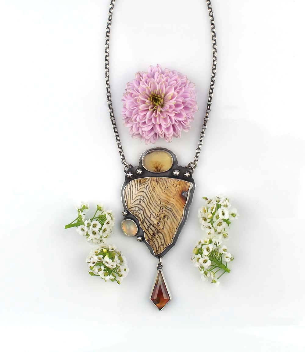 Nature's Power - Hell's Canyon Petrified Wood, Dendritic Agate, Ethiopian Opal, and Montana Agate Sterling Silver Necklace