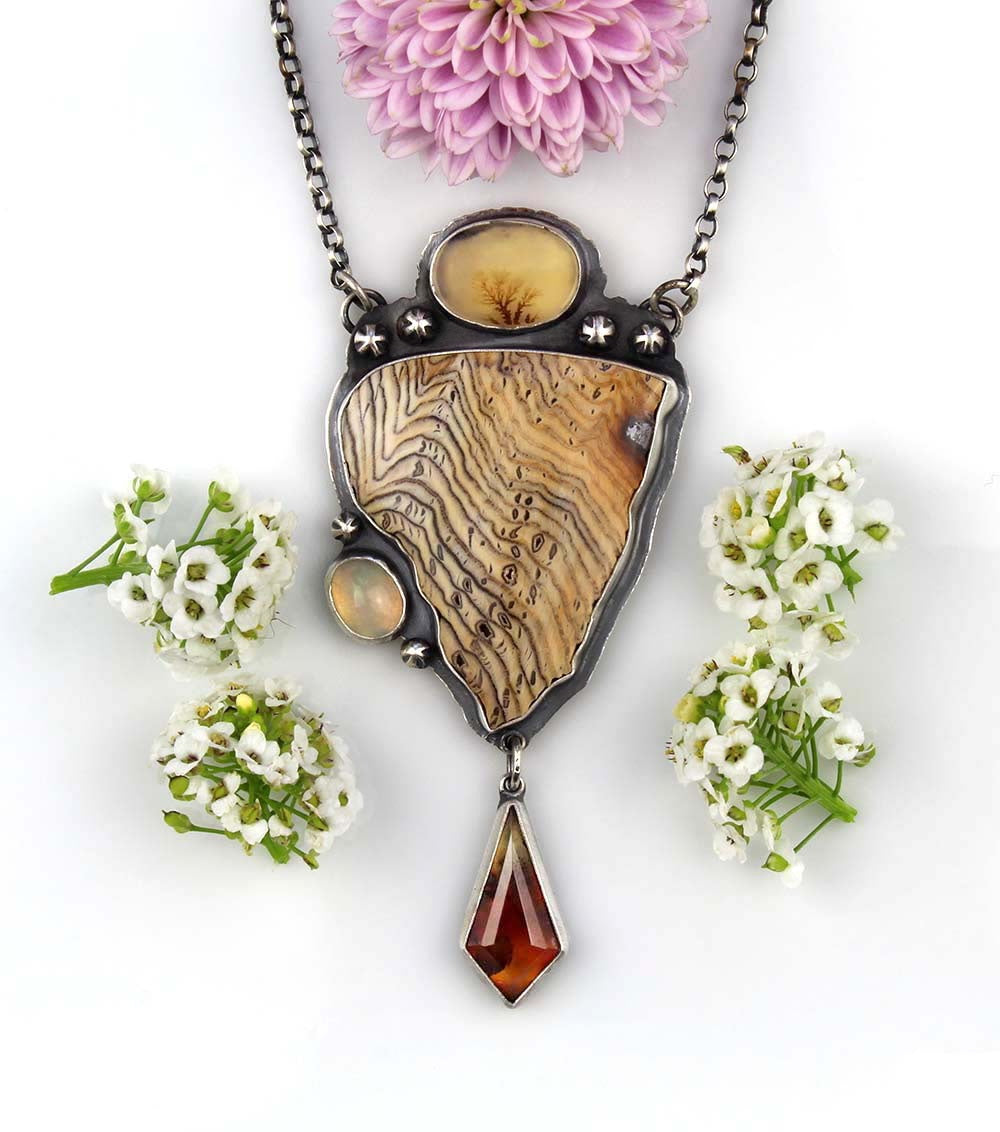Nature's Power - Hell's Canyon Petrified Wood, Dendritic Agate, Ethiopian Opal, and Montana Agate Sterling Silver Necklace