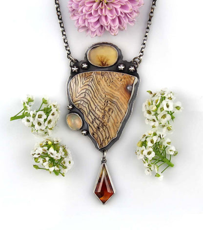 Nature's Power - Hell's Canyon Petrified Wood, Dendritic Agate, Ethiopian Opal, and Montana Agate Sterling Silver Necklace