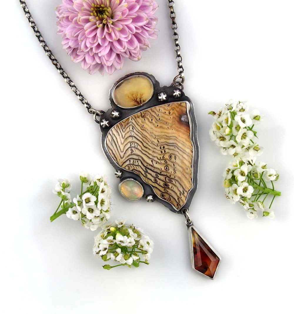 Nature's Power - Hell's Canyon Petrified Wood, Dendritic Agate, Ethiopian Opal, and Montana Agate Sterling Silver Necklace