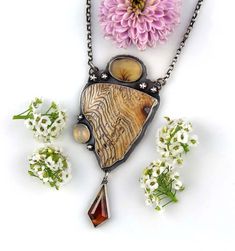 Nature's Power - Hell's Canyon Petrified Wood, Dendritic Agate, Ethiopian Opal, and Montana Agate Sterling Silver Necklace