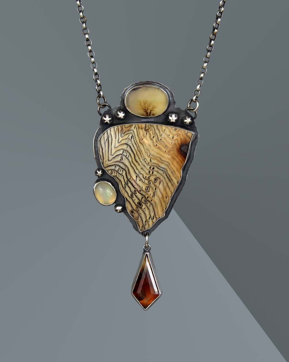 Nature's Power - Hell's Canyon Petrified Wood, Dendritic Agate, Ethiopian Opal, and Montana Agate Sterling Silver Necklace