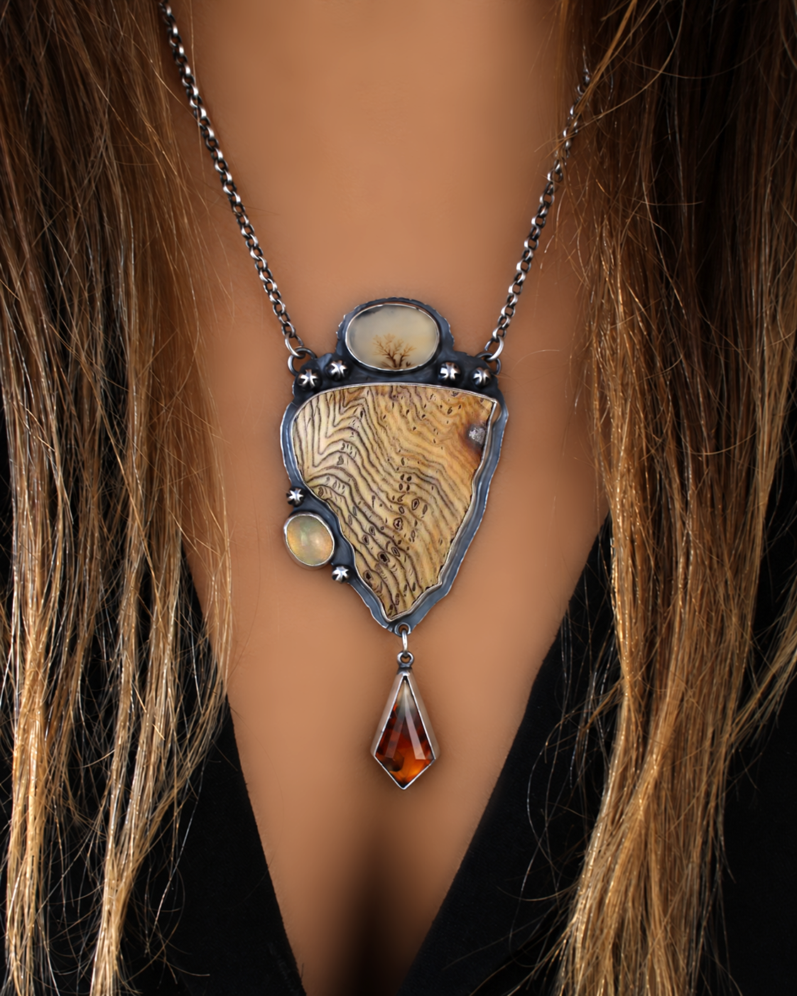 Nature's Power - Hell's Canyon Petrified Wood, Dendritic Agate, Ethiopian Opal, and Montana Agate Sterling Silver Necklace